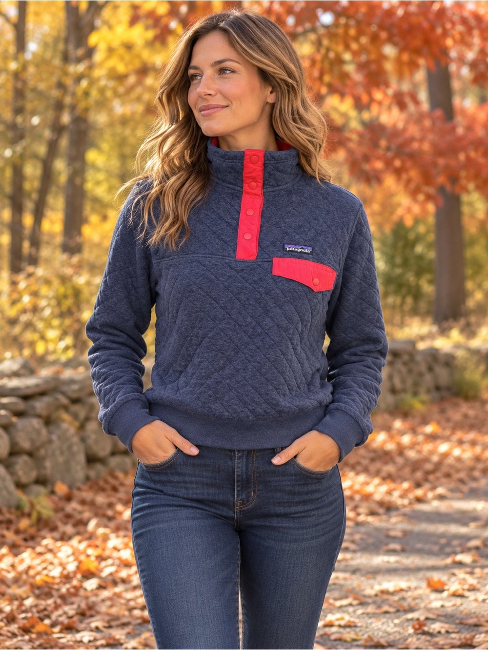 Patagonia Organic Cotton Quilted Snap Pullover Sweatshirt Blue Gray Red XS